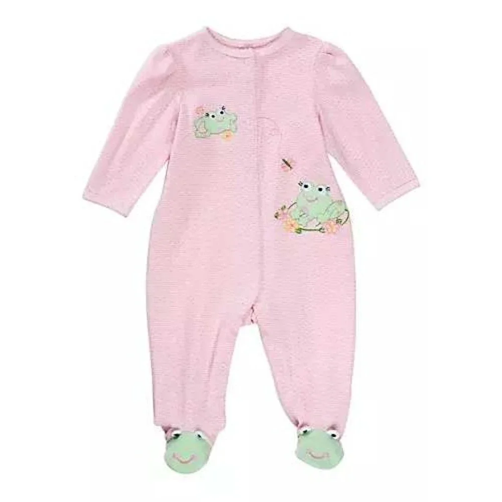 Little Me‎ Frog Stretchie Jumpsuit Girls 3M Pink Footed Sleeper Frogcore Cottage